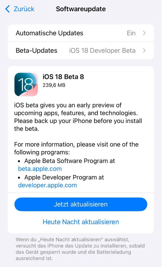 安吉苹果手机维修分享苹果 iOS / iPadOS 18 开发者预览版 Beta 8 发布 